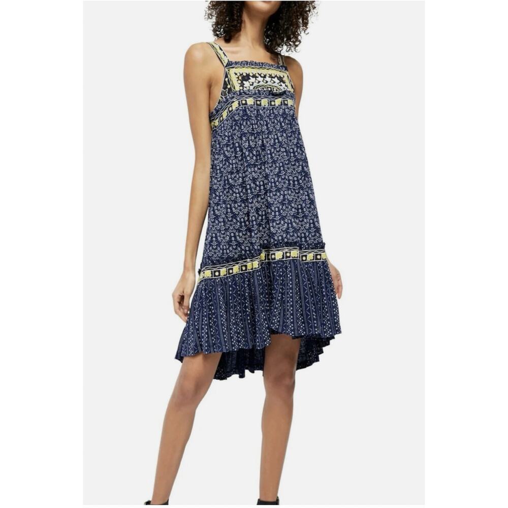 Free People Navy Blue and Yellow Printed Sundress
